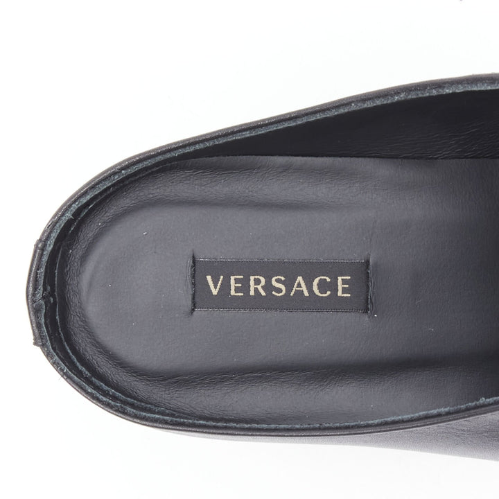 VERSACE 2019 black leather gold Medusa toe western buckle cuban mule EU37