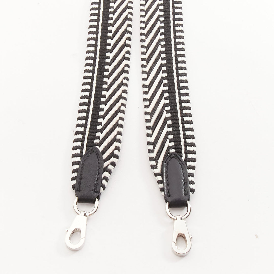 HERMES Sangle 25 black white chevron stripes woven silver hardware bag strap