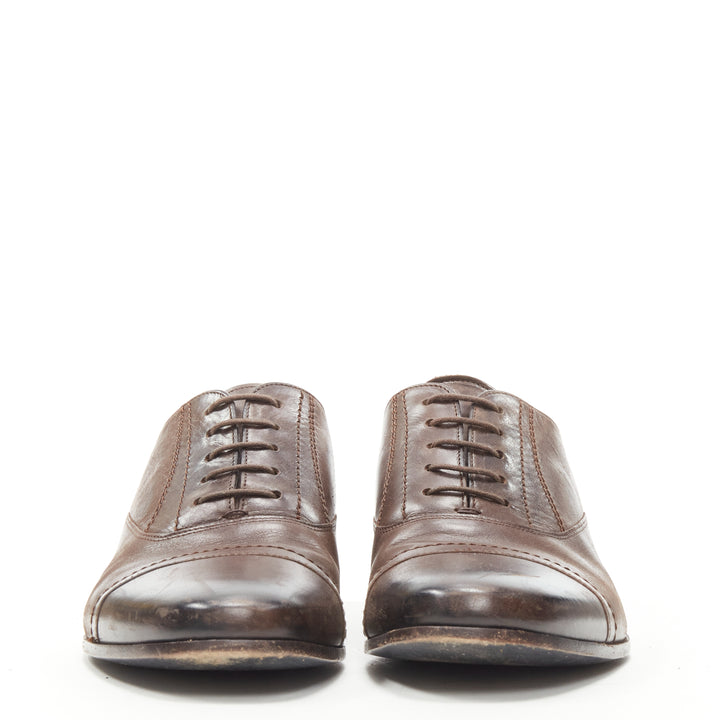 LANVIN brown calfskin lace up distressed scuffed leather dress shoes US8 EU41
