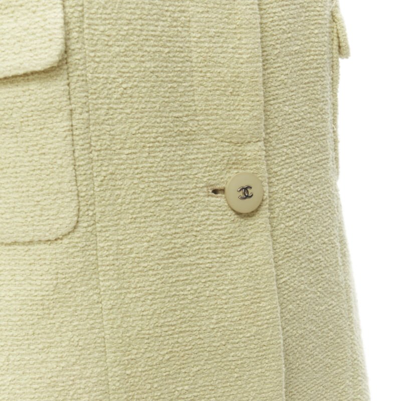 CHANEL 98C Vintage pastel yellow tweed CC button long jacket FR42 L