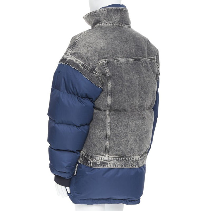 BALENCIAGA Demna 2018 Fake Layering navy washed denim down puffer jacket S