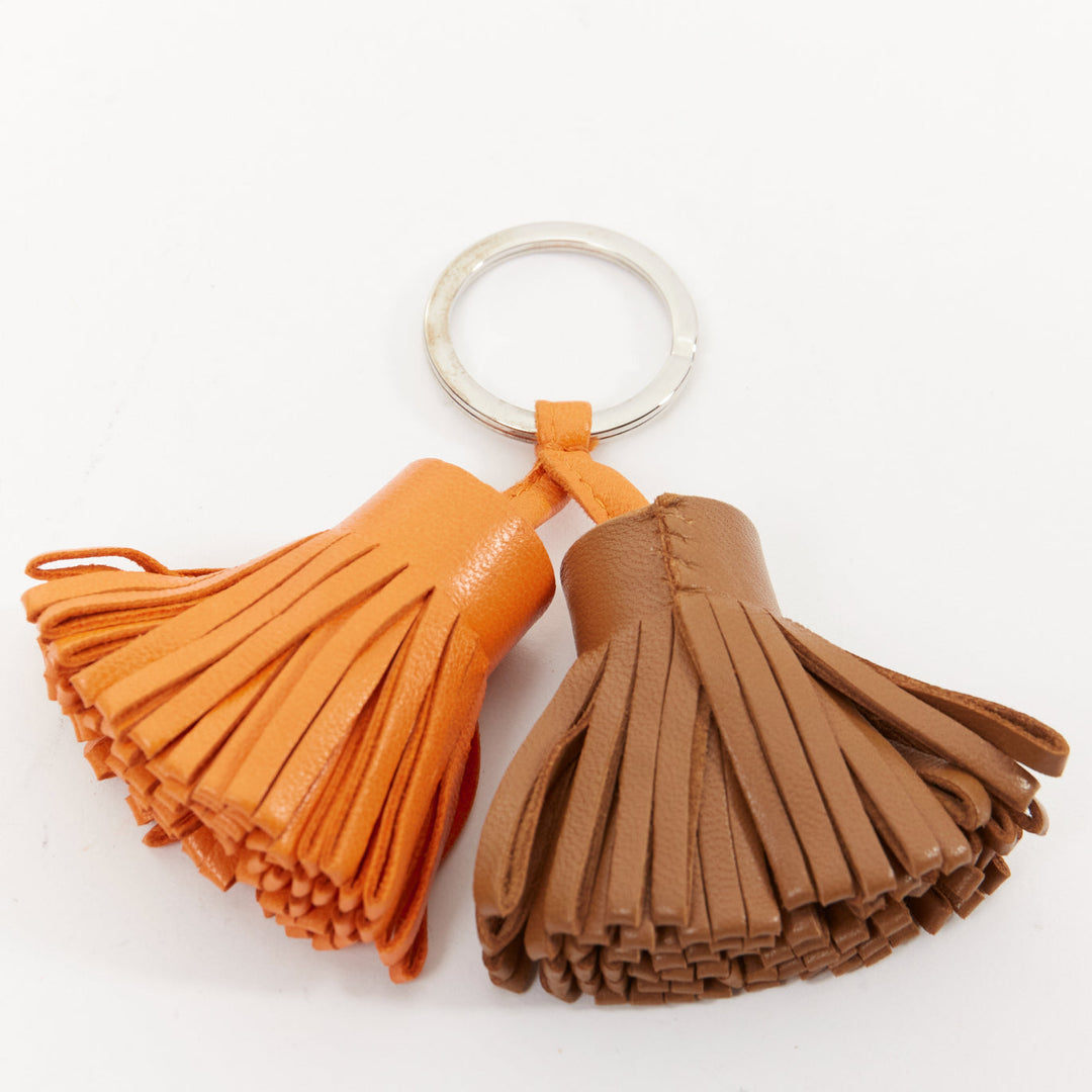 HERMES Carmen Uno Dos brown orange double tassel silver ring bag charm
