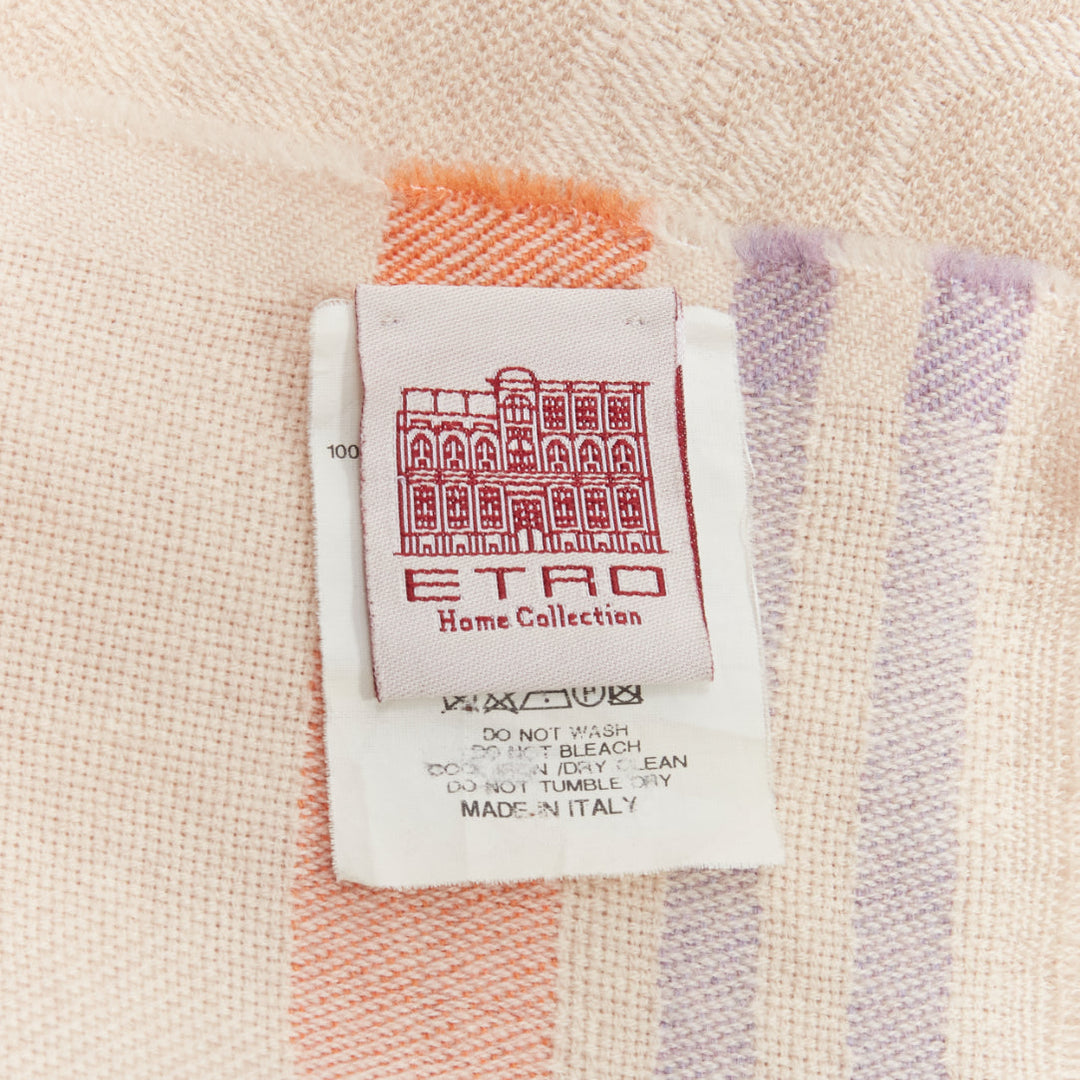 ETRO Home Collection 100% merino wool beige logo stripes fringe scarf
