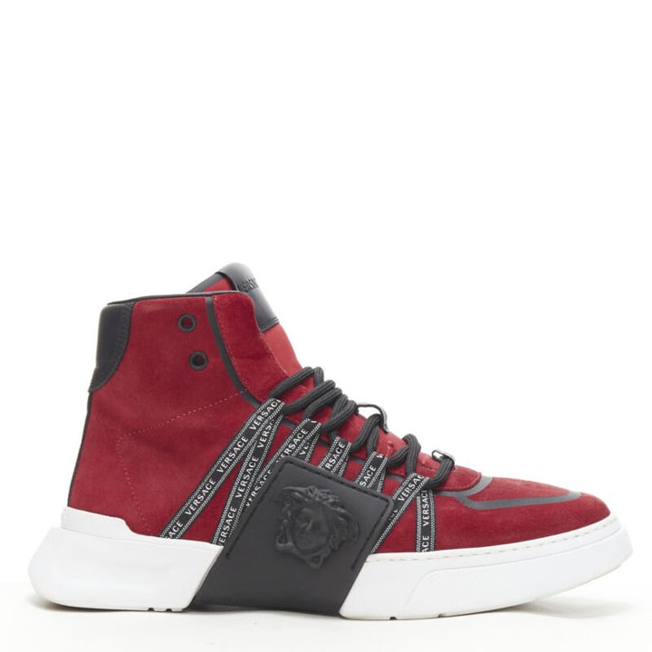 VERSACE red suede Medusa emblem nastro logo ribbon high top sneakers EU40