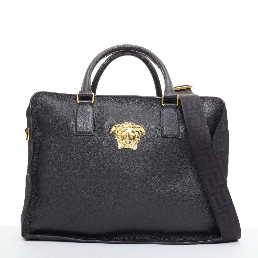 VERSACE Medusa Palazzo black calfskin gold emblem laptop briefcase bag