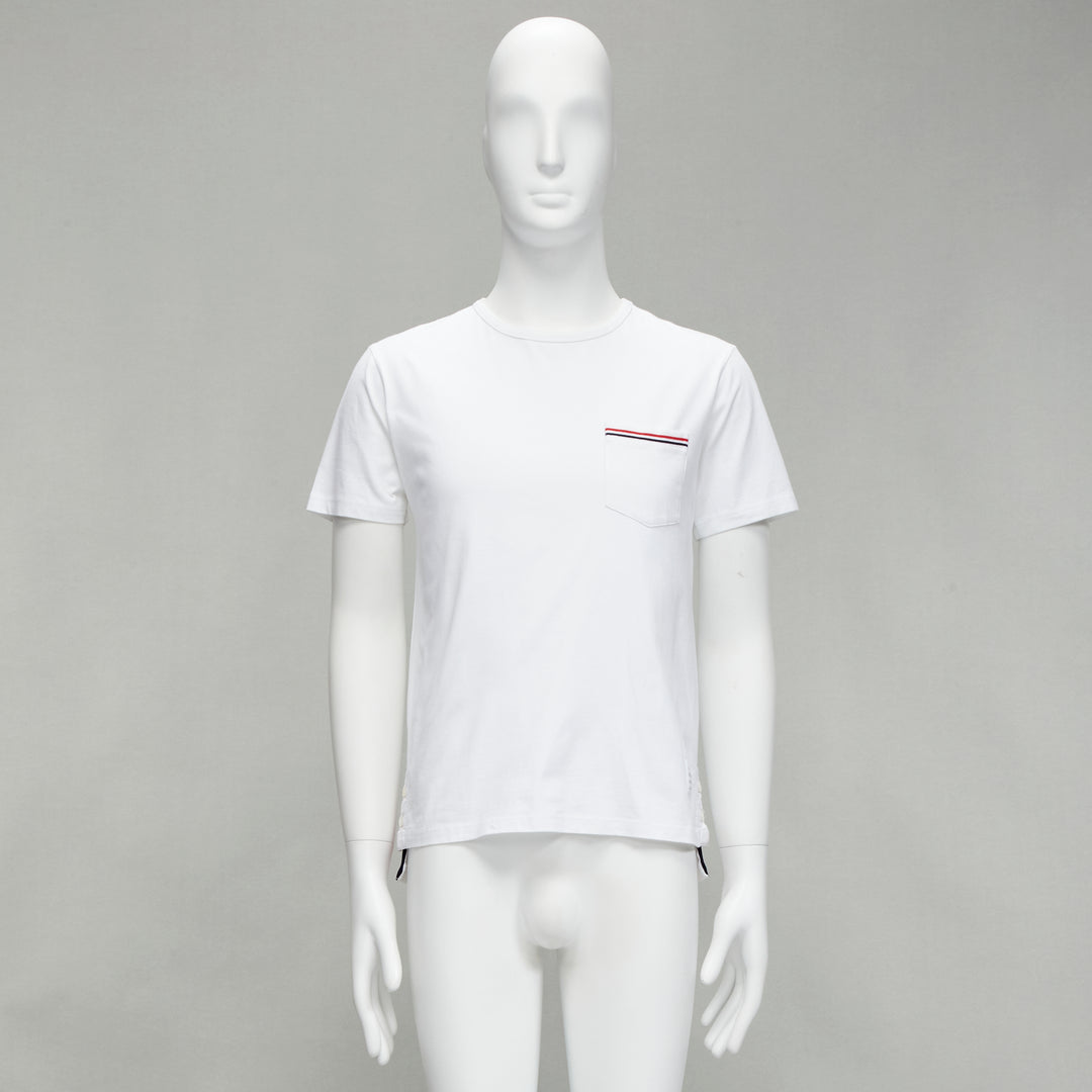 THOM BROWNE iconic stripes patch pocket white cotton tshirt Sz. 1 S