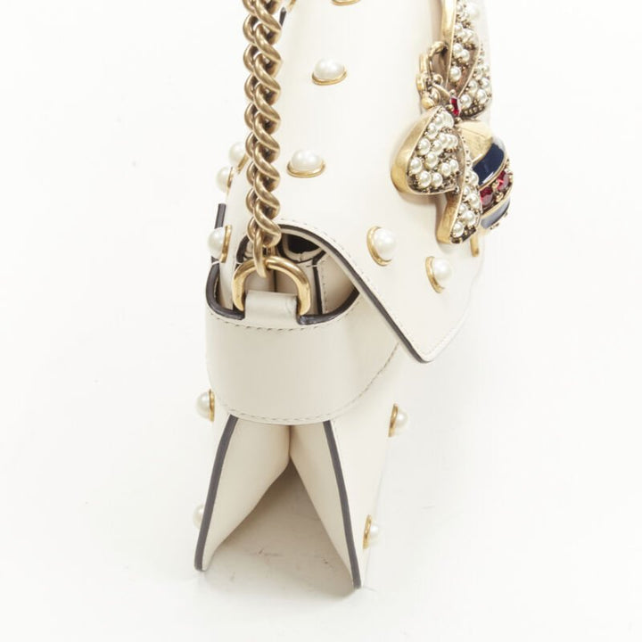 GUCCI Queen Margaret Embellished Bee pearl stud white flap crossbody bag
