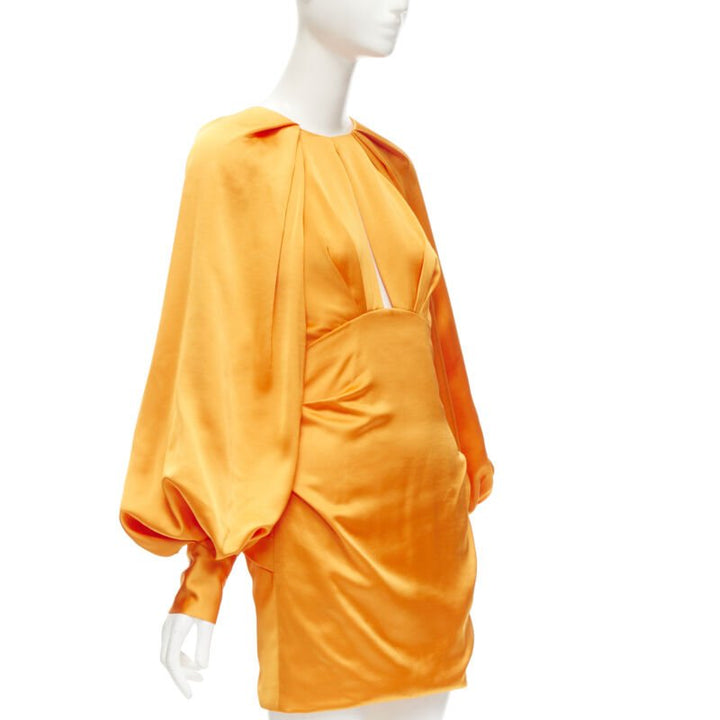ACLER bright orange silky keyhole draped raglan puff sleeves mini dress US2 XS
