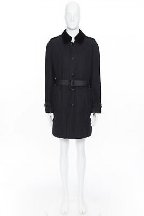 BURBERRY PRORSUM black cotton removable rabbit fur lining ostrich belt trench L