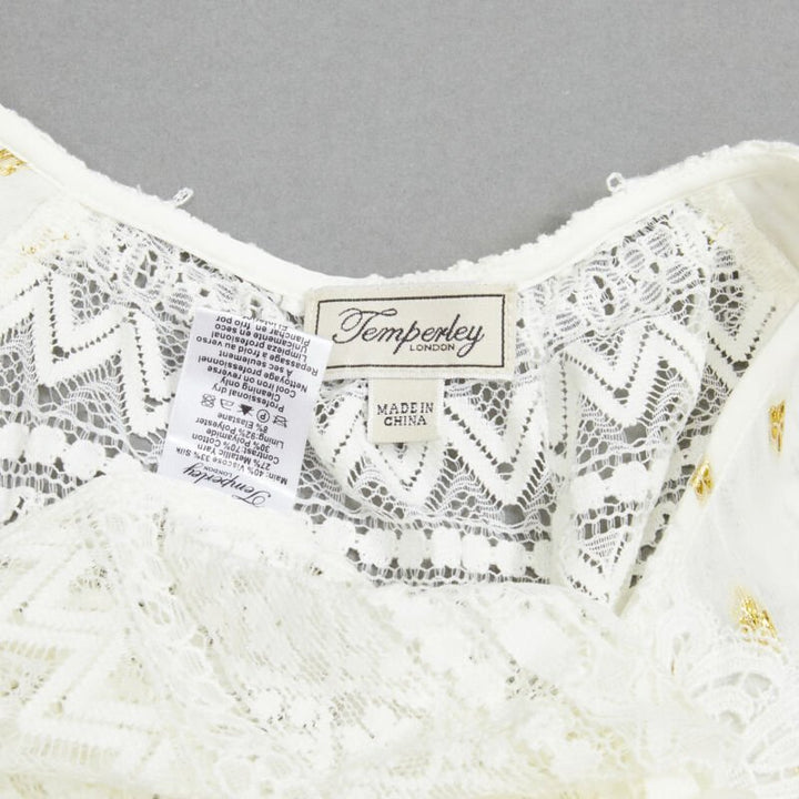 TEMPERLEY LONDON white sheer gold jacquard crochet lace bohemian top US4 S