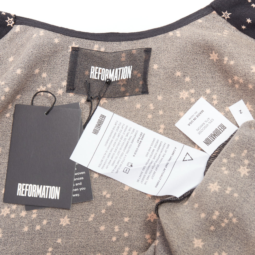 REFORMATION Courtney black star galactic print V neck mini dress US2 S