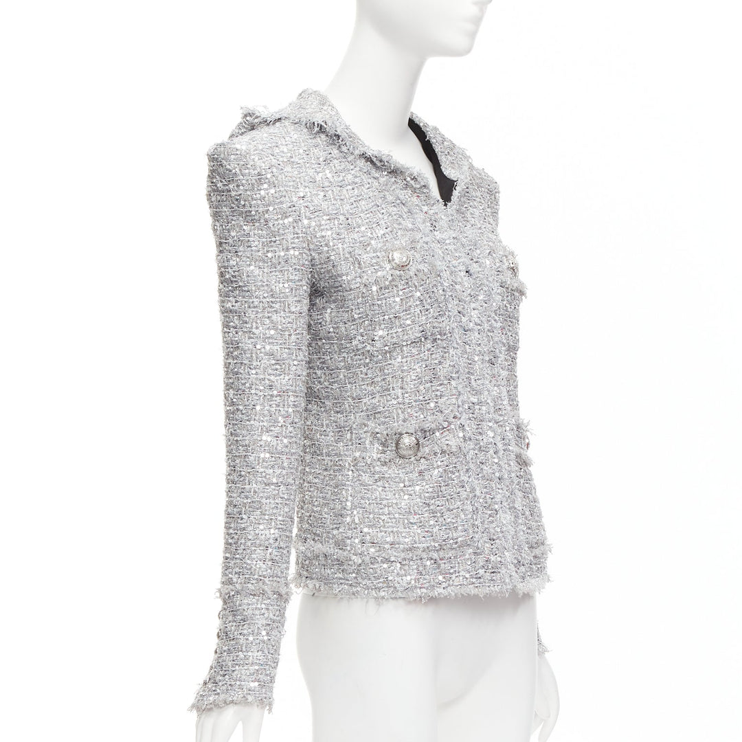 BALMAIN silver sequinned boucle tweed hooded power shoulder jacket FR36 S