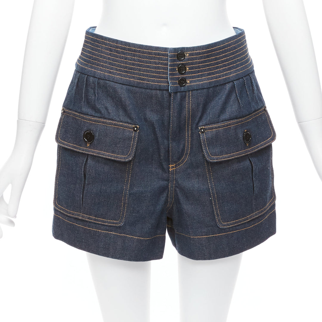 CHLOE blue cotton raw denim yellow topstitched cargo pocket shorts FR36 S