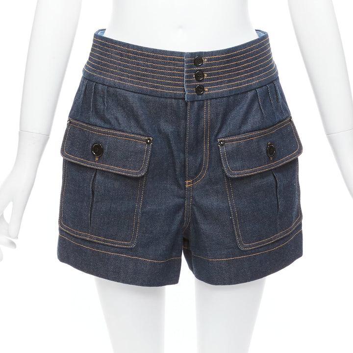 CHLOE blue cotton raw denim yellow topstitched cargo pocket shorts FR36 S