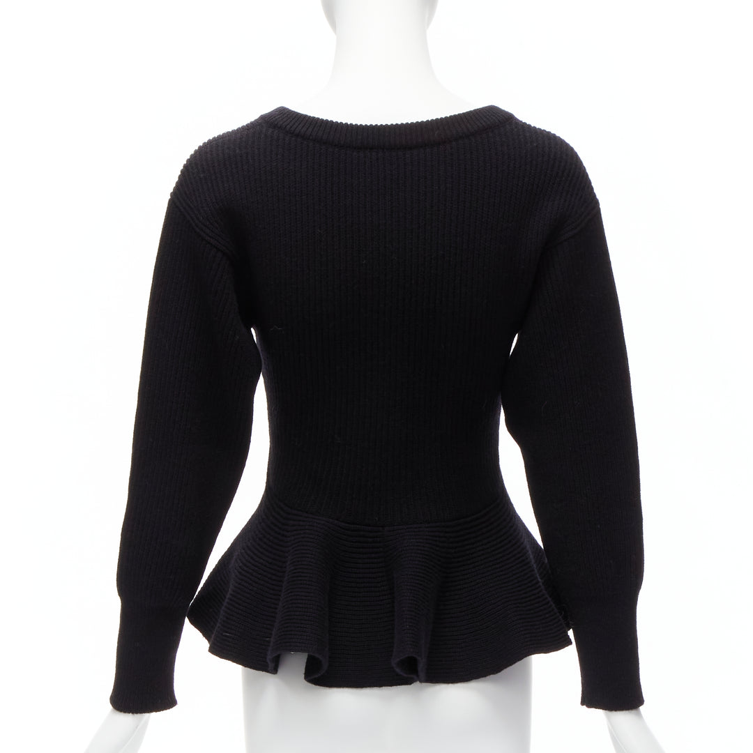 ALEXANDER MCQUEEN 2022 black logo beads embellished peplum ribbed sweater S