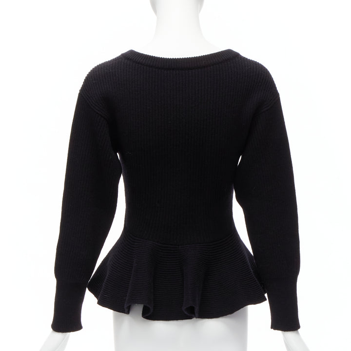 ALEXANDER MCQUEEN 2022 black logo beads embellished peplum ribbed sweater S