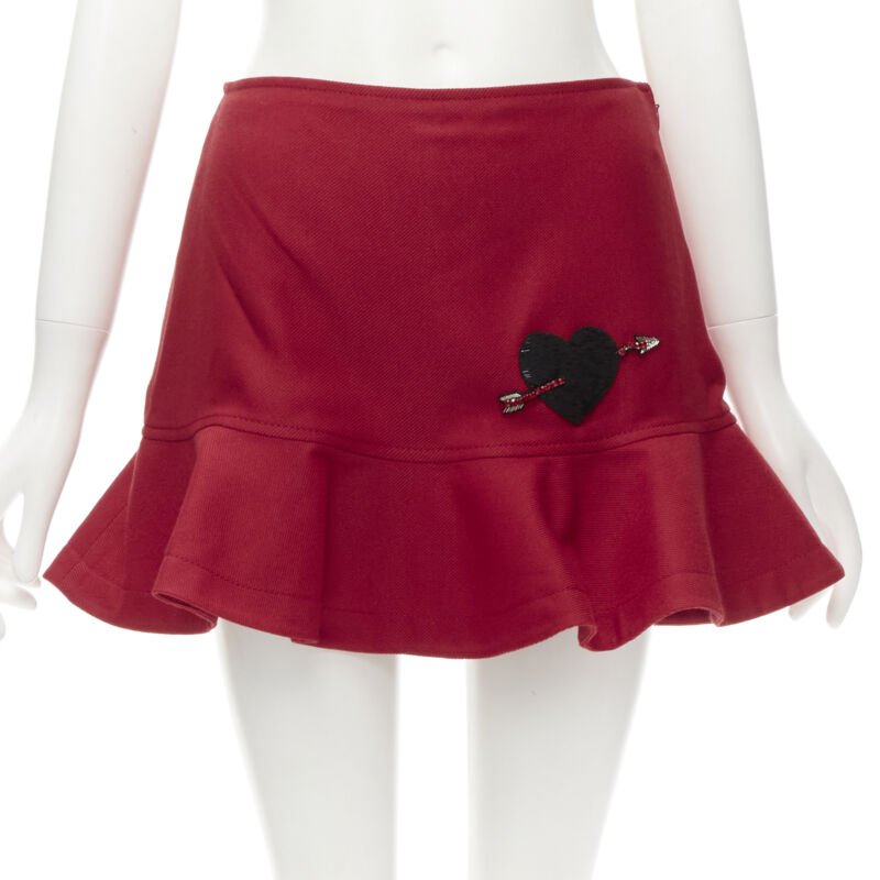 VALENTINO black beaded heart badge red twill flared frill shorts IT38 XS