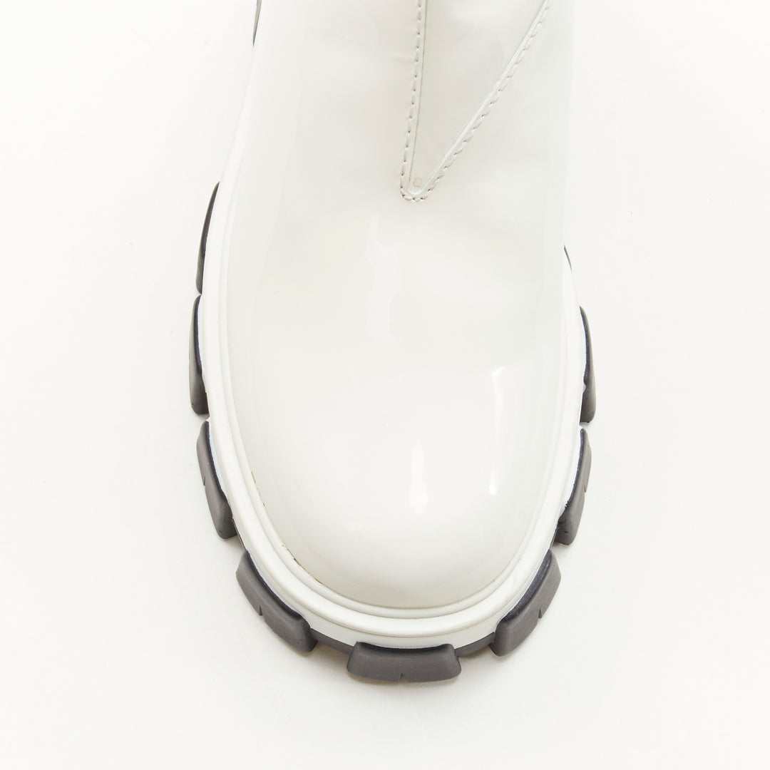 PRADA 2019 Monolith white patent lug sole platform ankle boot  EU36
