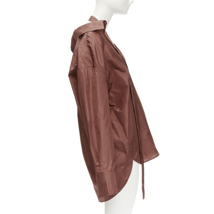 VALENTINO 2022 Runway brown silk taffeta wide collar neck tie shirt IT38 XS