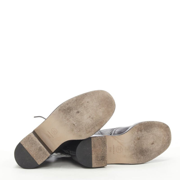 CHANEL black calfskin cross stitch cut out CC toe cap block heel boot EU38.5