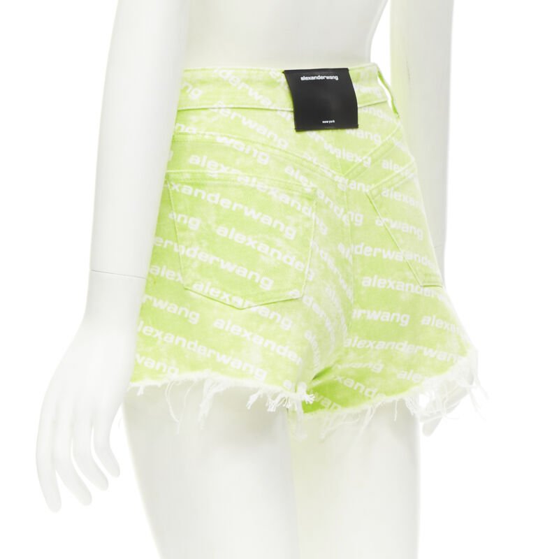 ALEXANDER WANG Bite High Rise green logo print cut off denim shorts 24"