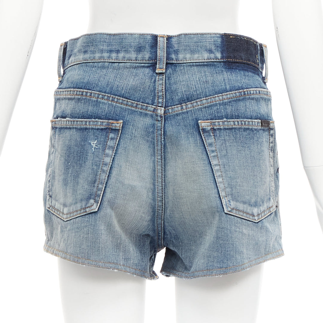 SAINT LAURENT 2020 blue distressed washed denim high waisted shorts 29"