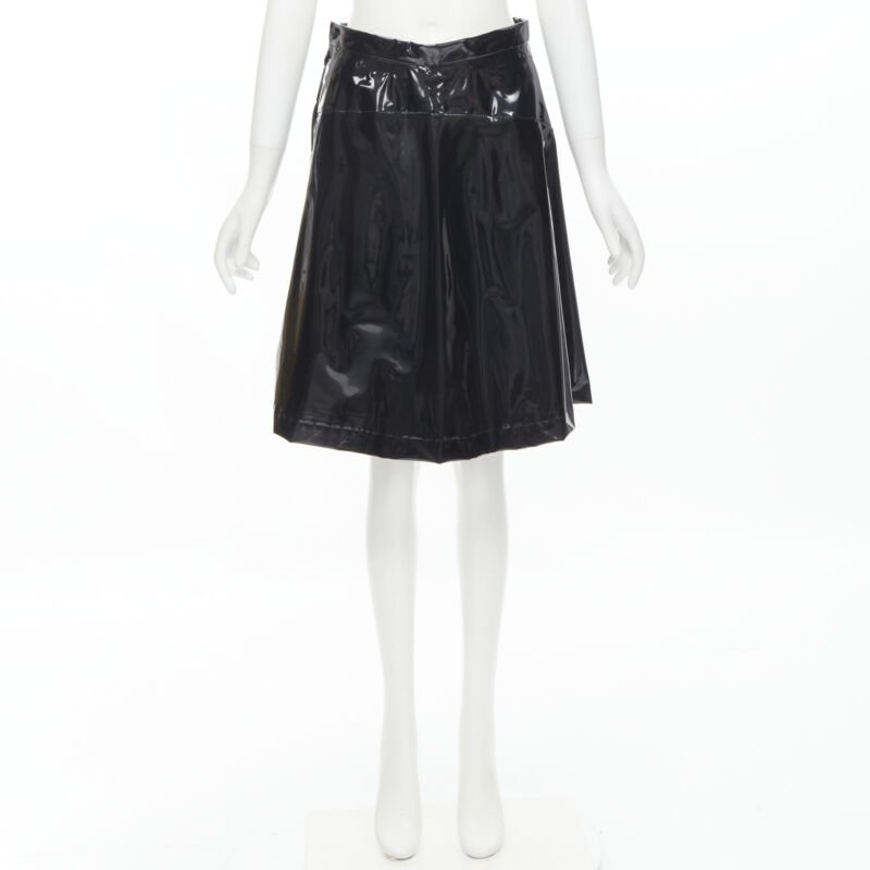COMME DES GARCONS 1991 black vinyl plastic bias cut A-lined flared skirt L