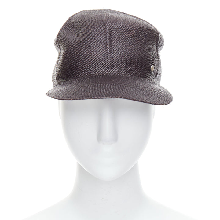 HERMES Riley Panama black straw small silver logo cotton lined cap hat 57cm