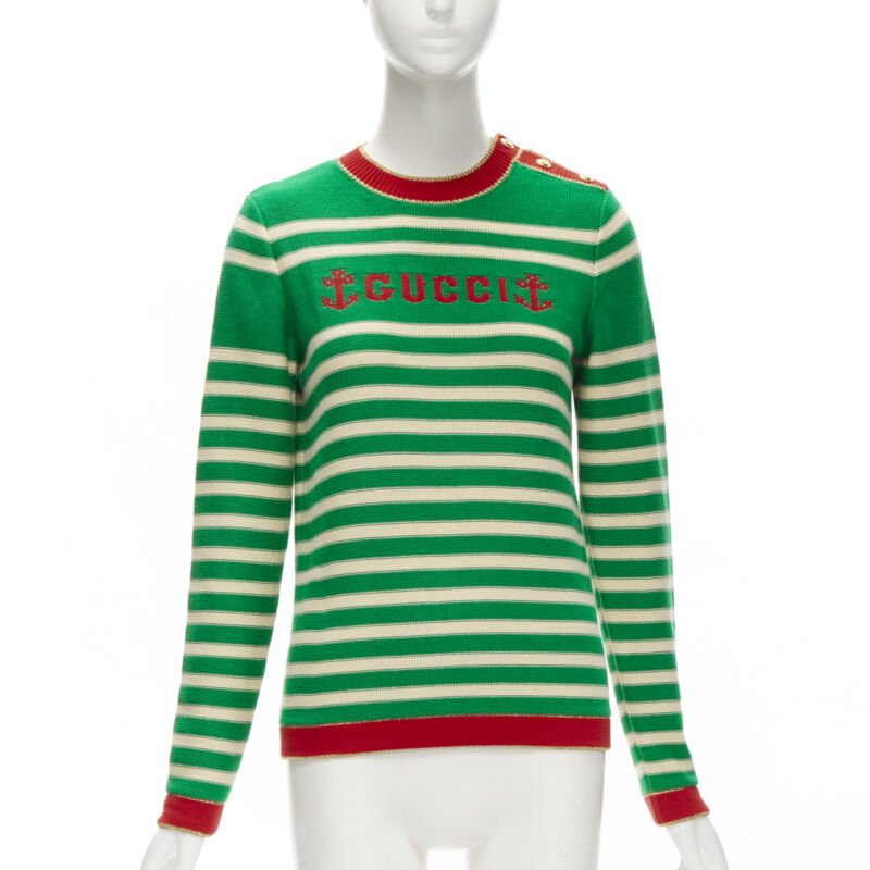 GUCCI Nautical sailor intarsia embroidery green beige striped sweater XS