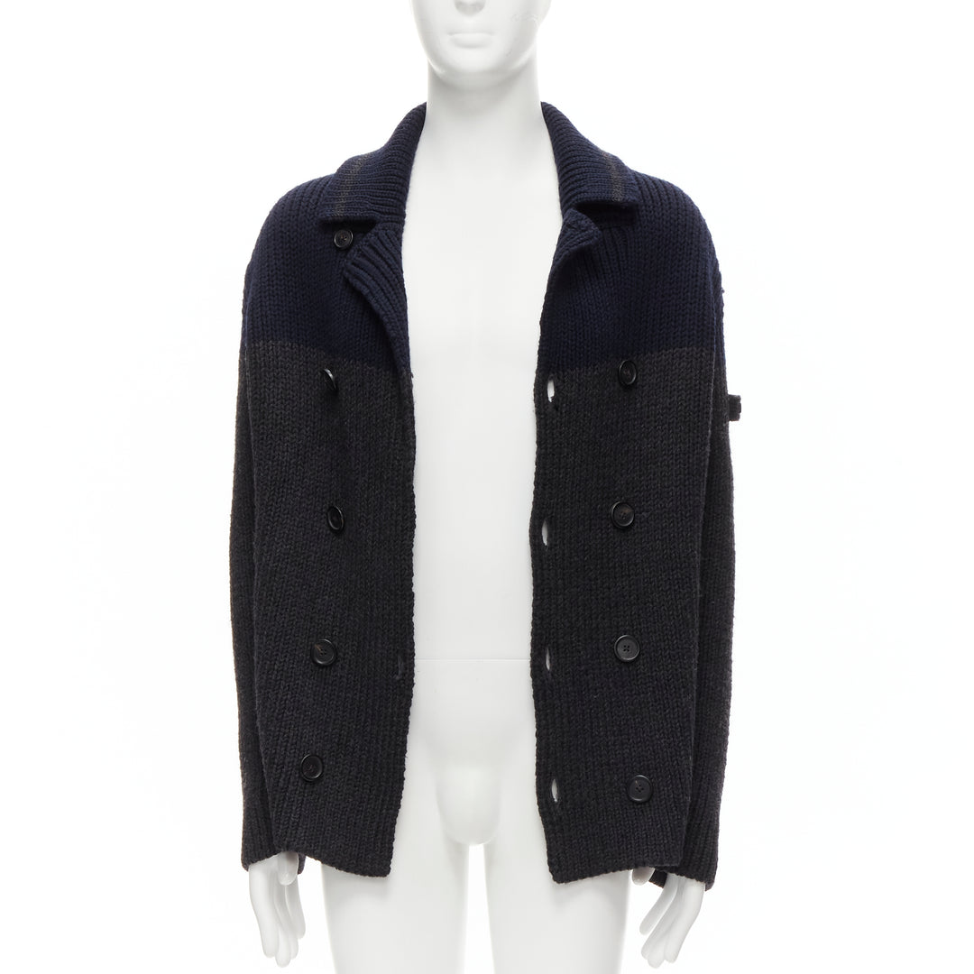 PRADA 2013 100% wool grey navy sailor collar ribbed knit cardigani coat IT50 L
