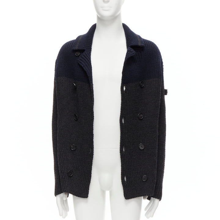 PRADA 2013 100% wool grey navy sailor collar ribbed knit cardigani coat IT50 L