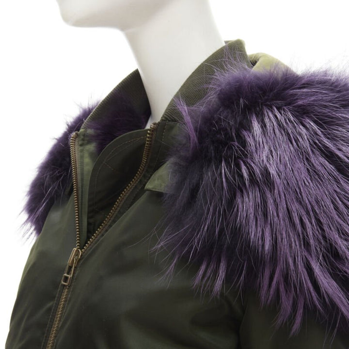 MR AND MRS ITALY green nylon purple fox fur fully lined MA-1 bomber jacket XS