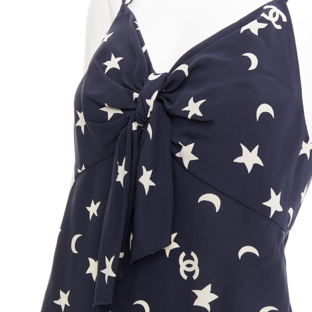 CHANEL 2008 navy off white 100% silk CC logo moon star bow camisole FR36 S