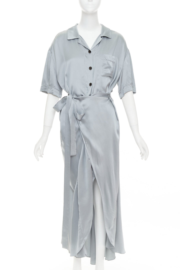 BURBERRY 100% silk steel blue button down wrap tie short sleeve dress UK8 S