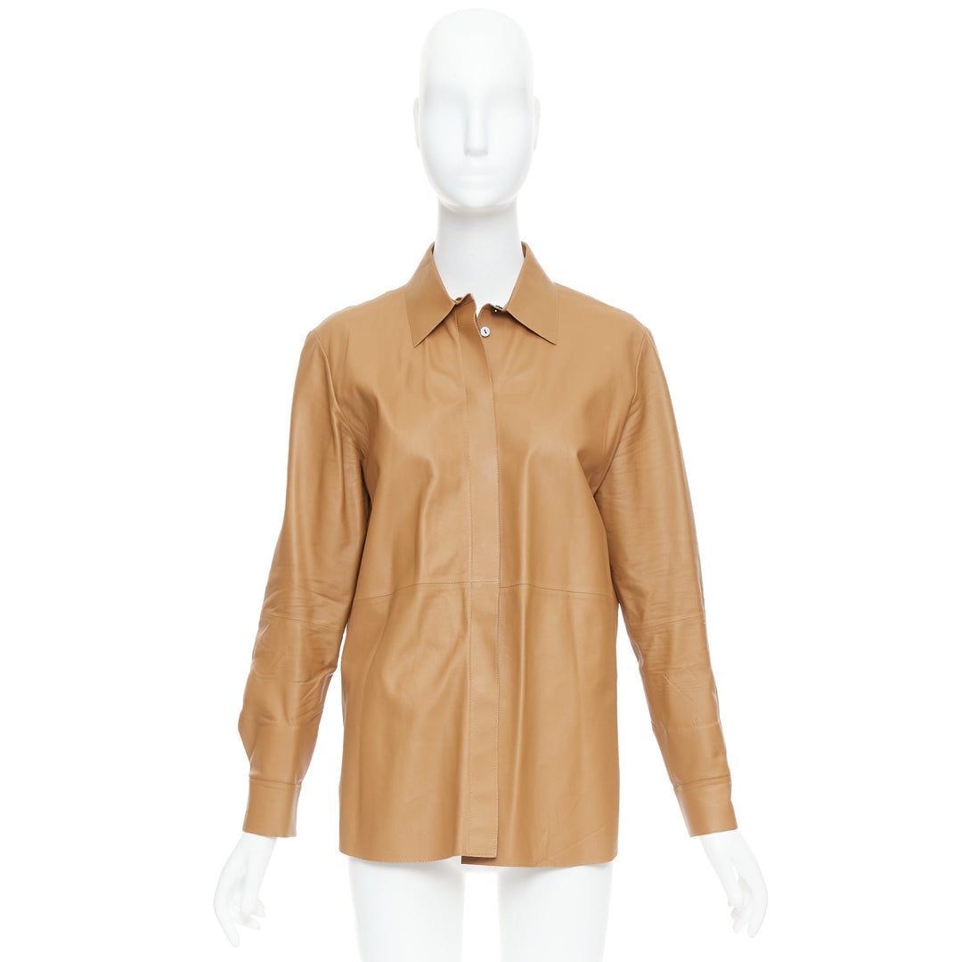 THEORY L Nappa Shine brown lambskin leather panelled shirt XS