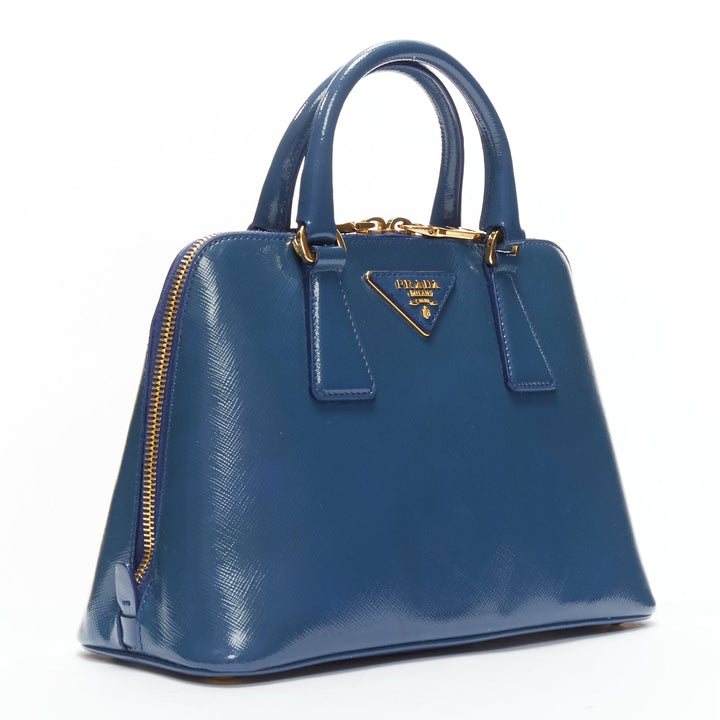 PRADA Promenade Vernice Saffiano blue leather triangle logo top handle tote bag