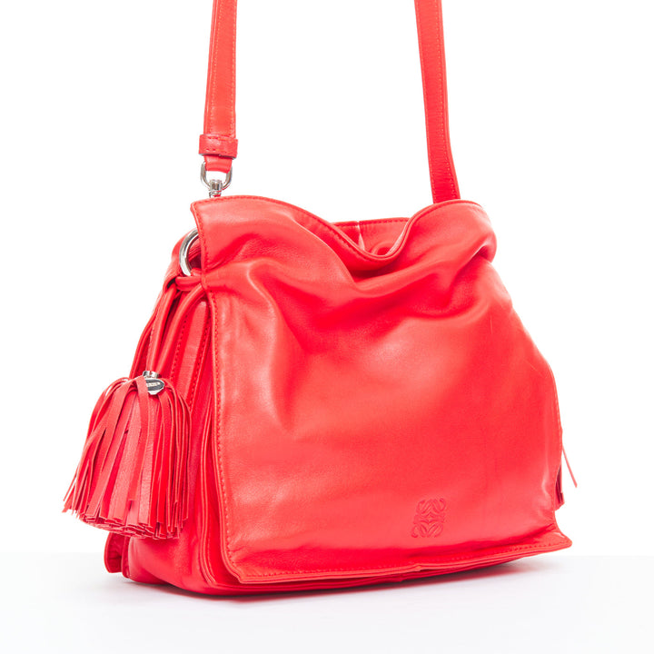 LOEWE Vintage Flamenc Tassel red soft leather anagram crossbody bucket bag