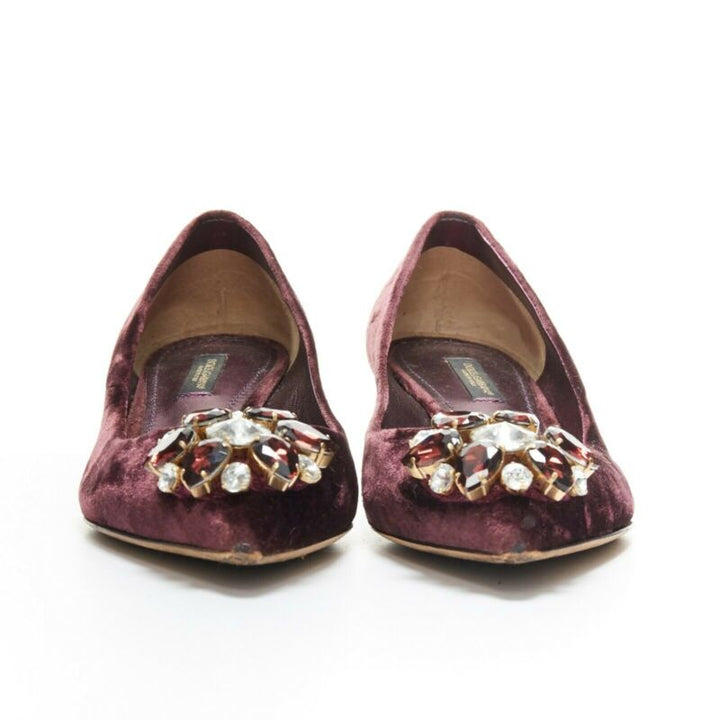 DOLCE GABBANA embellished purple velvet crystal toe kitten heel pumps EU36.5