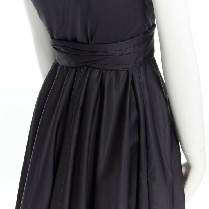 TIBI black cotton fit flare dress one shoulder asymmetrical pleat skirt US0 XS