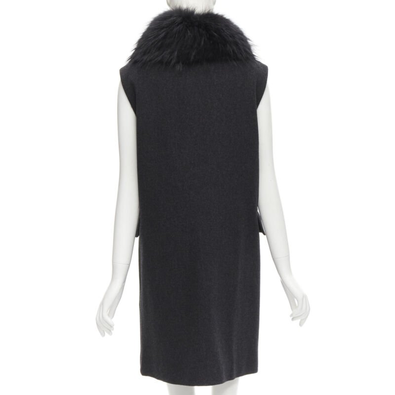 JOSEPH wool black minimal oversized fur collar flap pockets boxy vest FR38 S