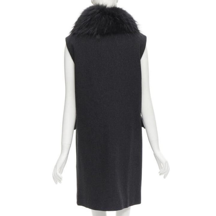 JOSEPH wool black minimal oversized fur collar flap pockets boxy vest FR38 S