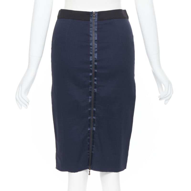 LANVIN ALBER ELBAZ 2014 navy blue linen blend exposed zip pencil skirt FR34 26"