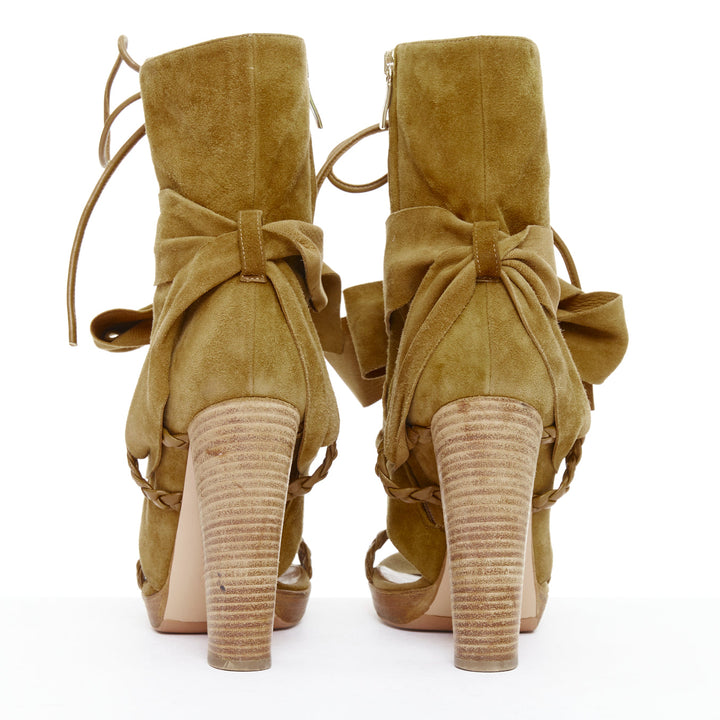 GIANVITO ROSSI tan suede leather braid strap ribbon tie block heels EU37