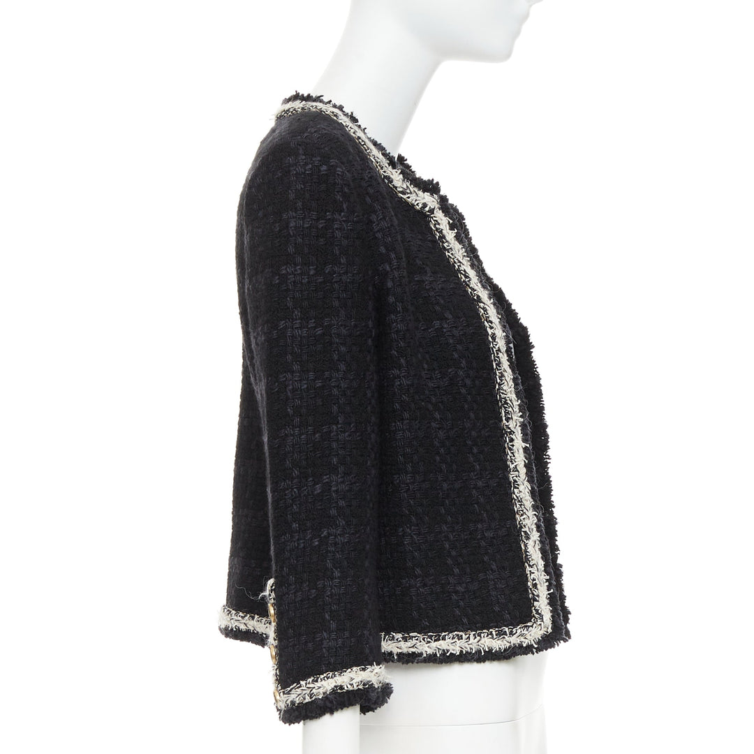 SAINT LAURENT 2021 navy wool silk tweed silver chain braided trim jacket FR38 M