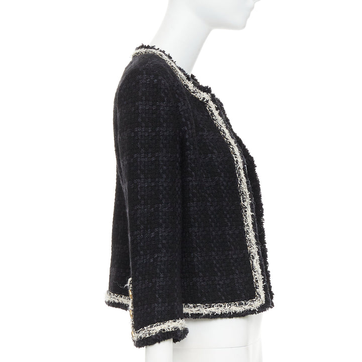 SAINT LAURENT 2021 navy wool silk tweed silver chain braided trim jacket FR38 M