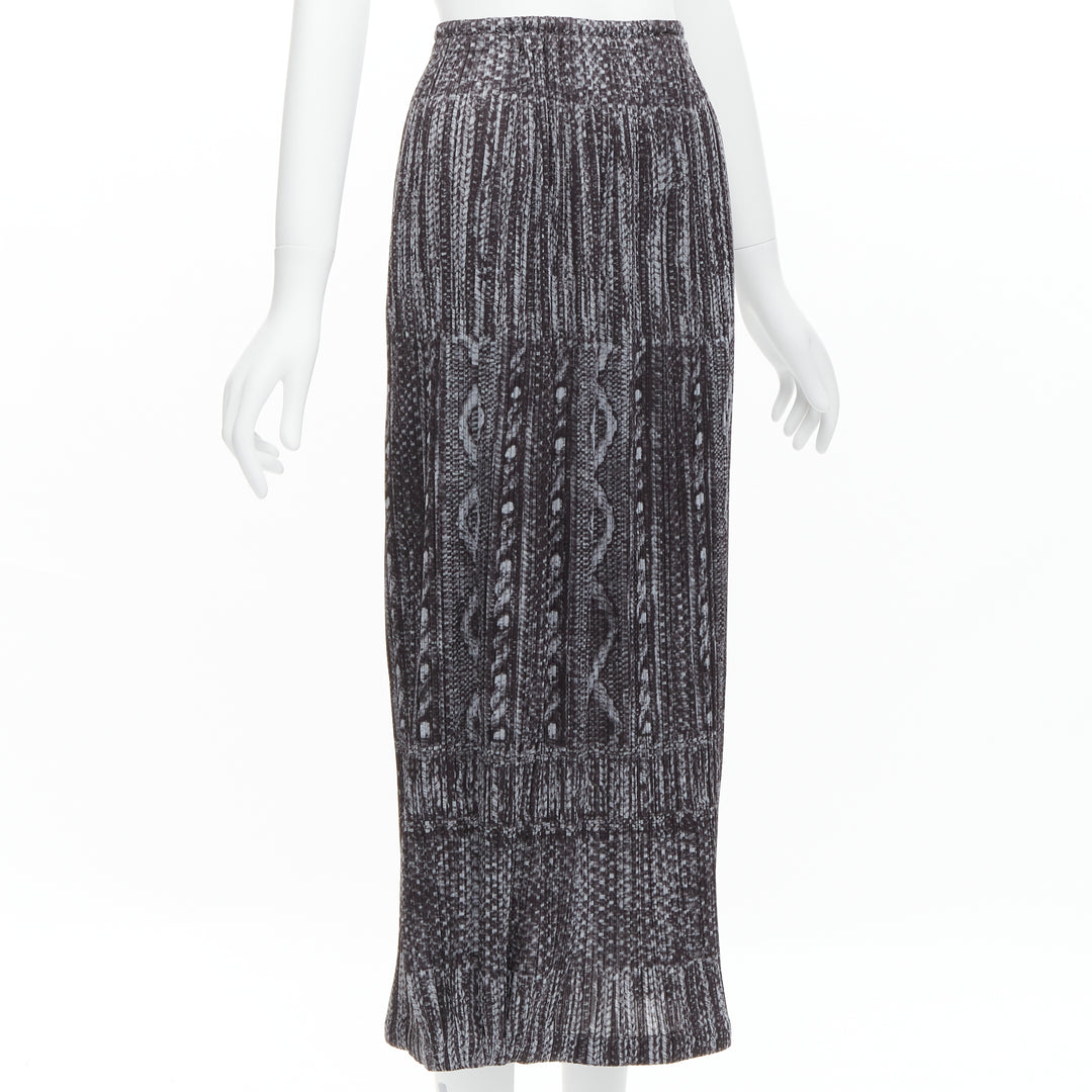 ISSEY MIYAKE PLEATS PLEASE grey black cable knit print pleated midi skirt JP2 M