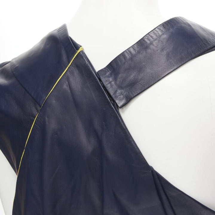 BALENCIAGA 2010 Runway Ghesquiere navy yellow leather pleated top FR38 S