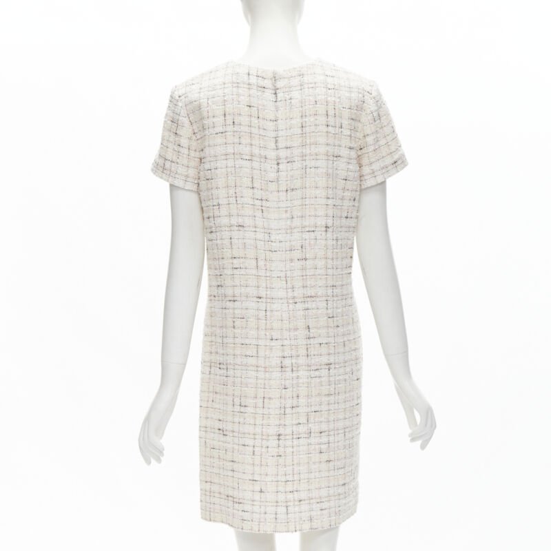 CHANEL light pink beige black check tweed short sleeve sheath dress FR38 M