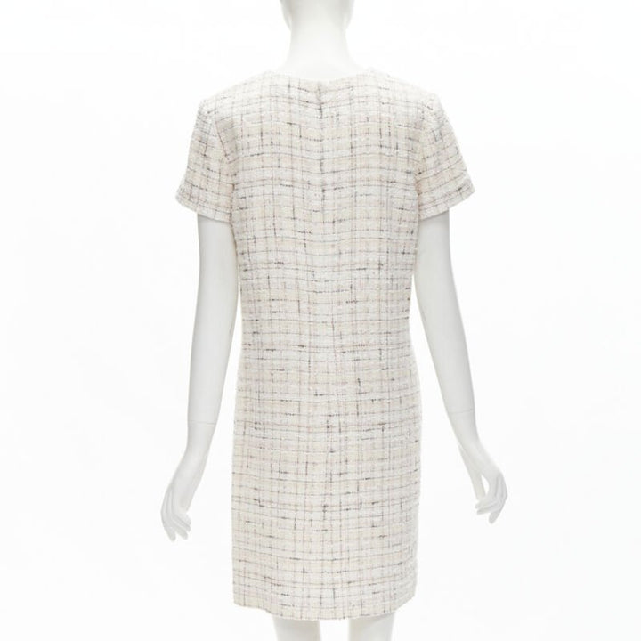 CHANEL light pink beige black check tweed short sleeve sheath dress FR38 M