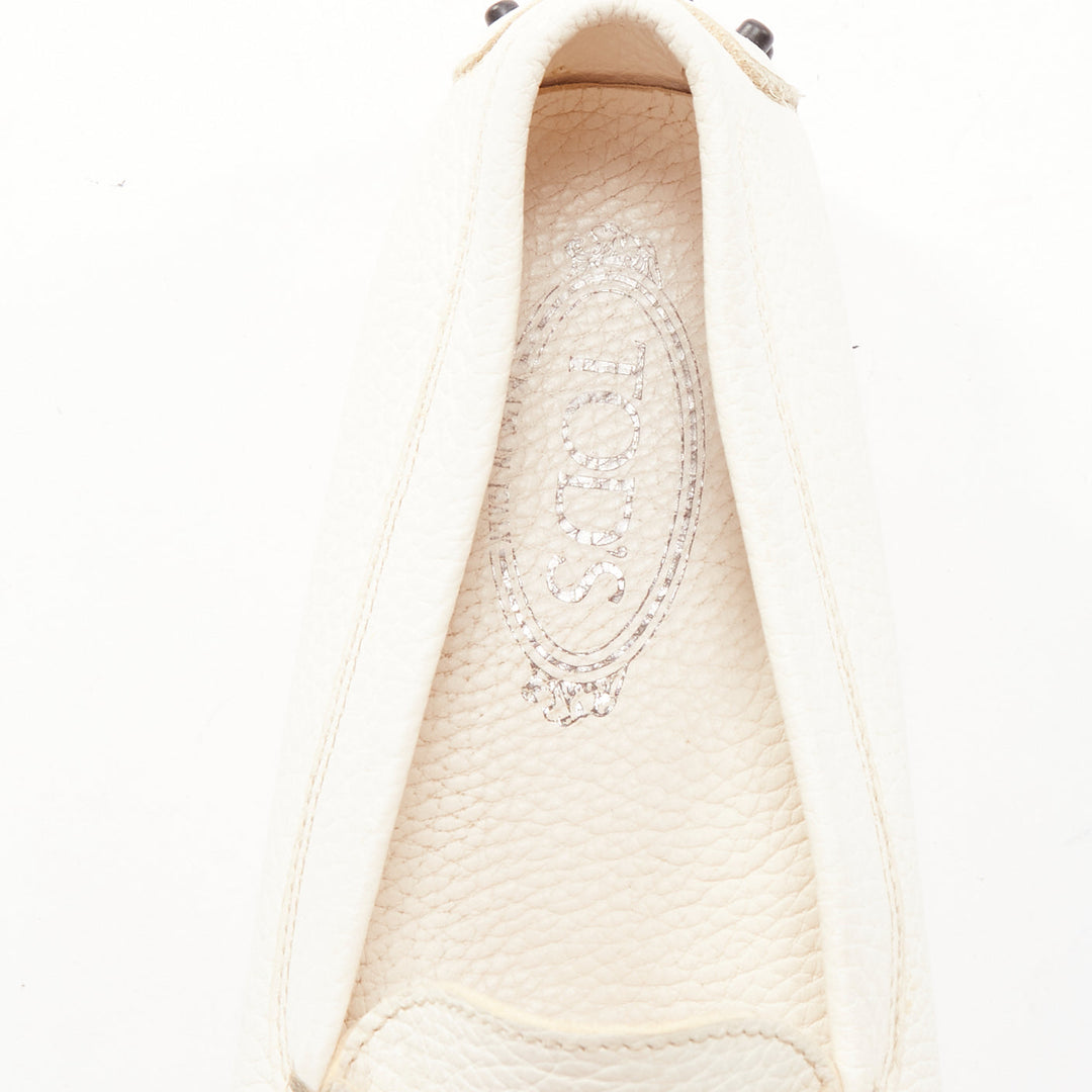 TOD'S Gommino cream textured leather black rubber studs driver shoes EU37